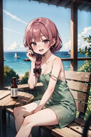 , , dark pink hair, braided ponytail, bangs, long green dress, strap slip, bare shoulders, shark teeth, black ribbon, blushing, standing, smiling, looking at viewer, scenery, sitting, drinking, alcohol, bottle,, anirl, best quality, ultra high res,