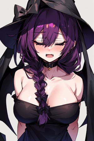 hiroikikuri, , kikuri hiroi, black bow, blunt bangs, braid, closed eyes, fang, hair bow, hair over shoulder, long hair, purple hair, sidelocks, single braid
(masterpiece, best quality, highres:1.3), ultra resolution image, (1girl), (solo), (mascara, eyelashes), large breast, mature body, niji, Halloween girl, Halloween cosplay, blood, terror, embarassed, bloodborne, viewed_from_behind, from_behind, seen from below,Hair over eyes