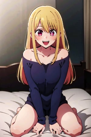 ruby,(excited), (unclothed), smiling,  fringes, female room background, pink room decoration, lying on her bed, red cheeks, blonde hair, bright eyes, strong colours, vivid colours, (full body), (masterpiece), 1080P, (best quality), 
