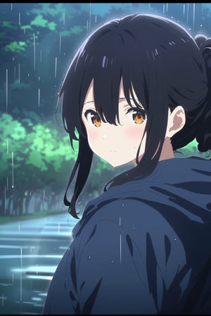  Visual Anime, masterpiece, best quality, 1girl, solo, curly ponytail, looking at viewer, blush, bangs, orange eyes, shirt, hair between eyes, closed mouth, blue rain jacket, dark, hoodie, sweat, upper body, black hair, outdoors, looking back, blurry, tree, blurry background, falling water, rain, overcast, umbrella, anime_screencap, fake_screenshot, dark sky