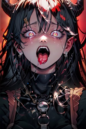Yandere, 1girl, solo, long hair, looking at viewer, open mouth, simple background, black hair, red eyes, hair between eyes, jewelry, upper body, earrings, horns, teeth, tongue, pointy ears, artist name, tongue out, pink eyes, saliva, turtleneck, fangs, demon girl, sharp teeth, slit pupils, glowing eyes, red background, uvula, forked tongue, original_character,SakuraMiko