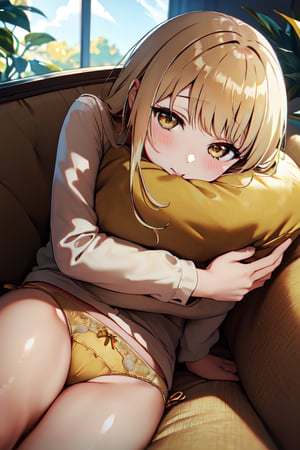 masterpiece, best quality, dynamic angle, looking at viewer, bloom, a girl, solo, shiina mahiru, yellow eyes, mouth hold hairrope, pillow hug, couch, side-tie panties, plants, beautiful detailed background,