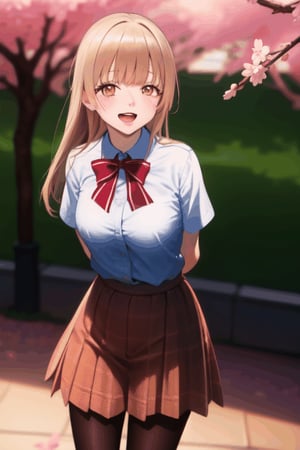 masterpiece, best quality, highres, aamahiru, long hair, red bowtie, white shirt, short sleeves, plaid skirt, brown skirt, pantyhose, , standing, cowboy shot, leaning forward, arms behind back, outdoors, cherry blossoms, smile, open mouth.