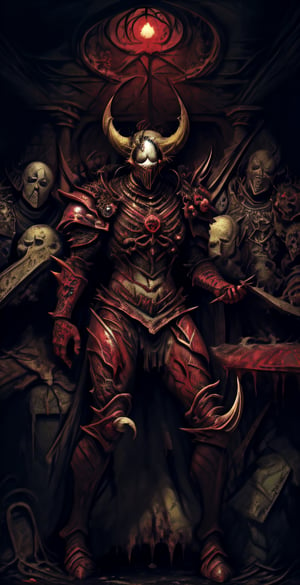 chaos warrior, (masterpiece), absurdres, (absurdly detailed:1.2), undivided, 2D, solo, best quality, dirty, bloodstained, , dirty armor, satanic,chaosmix