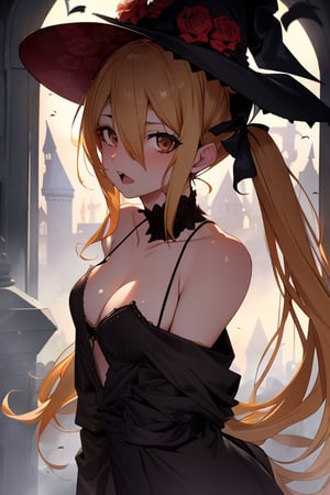 nijikaijichi, , nijika ijichi, ahoge, blonde hair, (brown eyes:1.5), long hair, one side up, (flat chest:1.2)
(masterpiece, best quality, highres:1.3), ultra resolution image, (1girl), (solo), (mascara, eyelashes), large breast, petite body, niji, Halloween girl, Halloween cosplay, blood on mouth, happy_face, terror, embarassed, bloodborne, viewed_from_behind, from_behind, seen from below,Hair over eyes, castle