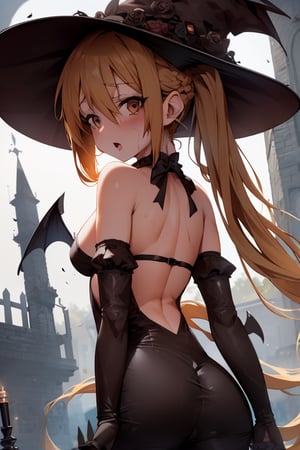 nijikaijichi, , nijika ijichi, ahoge, blonde hair, (brown eyes:1.5), long hair, one side up, (flat chest:1.2)
(masterpiece, best quality, highres:1.3), ultra resolution image, (1girl), (solo), (mascara, eyelashes), large breast, petite body, niji, Halloween girl, Halloween cosplay, blood on mouth, happy_face, terror, embarassed, bloodborne, viewed_from_behind, from_behind, seen from below,Hair over eyes, castle