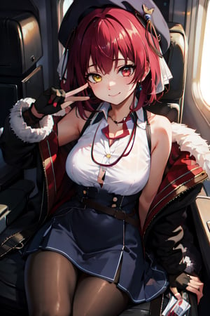 2d, masterpiece, best quality, anime, highly detailed, full body, 1girl, solo, marine_beret, collared shirt, sleeveless, high-waist skirt, pantyhose, blue jacket, fur trim, fingerless gloves, id card, heterochromia, red eyes, yellow eyes, BREAK airplane interior, sitting, seductive smile, partially unbuttoned 