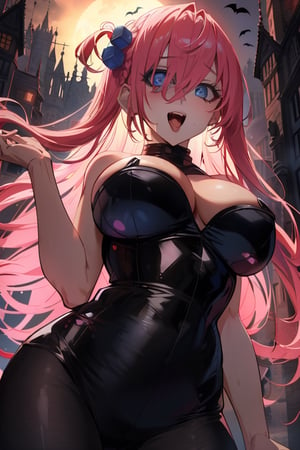 gotou1, gotou hitori, solo, bangs, hair between eyes, pink hair 
(masterpiece, best quality, highres:1.3), ultra resolution image, (1girl), (solo), (mascara, eyelashes), large breast, petite body, niji, Halloween girl, Halloween cosplay, blood on mouth, open mouth,terror, embarassed, bloodborne, viewed_from_behind, from_behind, seen from below,Hair over eyes, castle,gotou1