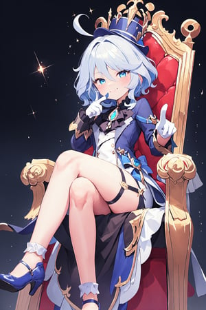furina, hat, smug smile, little girl, pointing a hand to the camera, orb, brooch, long dresssitting, crossed leg, looking at viewer, blush, smile, short hair, blue eyes, golden throne, blue footwear, high details, opera background