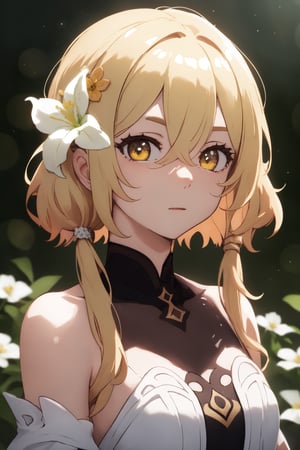 centered, masterpiece, upper body, (beautiful detailed eyes:1.2), | lumine_genshin, 1girl, solo, blonde hair, hair between eyes, short hair with long locks, hair ornament, hair flower, flower, white flower, yellow eyes, | simple background, bokeh, depth of field, | ,High detailed ,More Detail,nm1