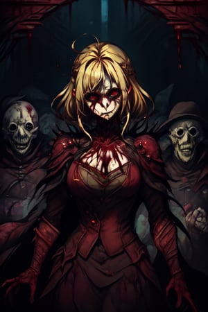 Blood woman warrior, (masterpiece), blonde hair, absurdres, (absurdly detailed:1.2), undivided, 2D, solo, best quality, dirty, bloodstained, , dirty armor, satanic,chaosmix, full_body , bloodborne, terror 