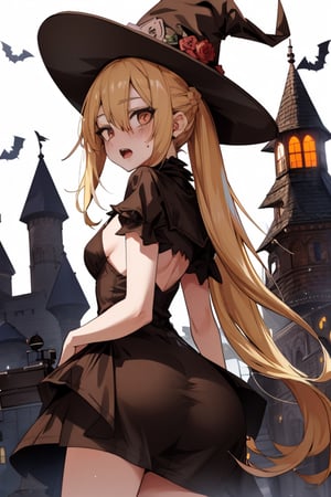 nijikaijichi, , nijika ijichi, ahoge, blonde hair, (brown eyes:1.5), long hair, one side up, (flat chest:1.2)
(masterpiece, best quality, highres:1.3), ultra resolution image, (1girl), (solo), (mascara, eyelashes), large breast, petite body, niji, Halloween girl, Halloween cosplay, blood on mouth, open mouth,terror, embarassed, bloodborne, viewed_from_behind, from_behind, seen from below,Hair over eyes, castle