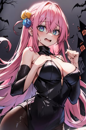 gotou1, gotou hitori, solo, bangs, hair between eyes, pink hair 
(masterpiece, best quality, highres:1.3), ultra resolution image, (1girl), (solo), (mascara, eyelashes), large breast, petite body, niji, Halloween girl, Halloween cosplay, blood on mouth, open mouth,terror, embarassed, bloodborne, viewed_from_behind, from_behind, seen from below,Hair over eyes, castle,gotou1