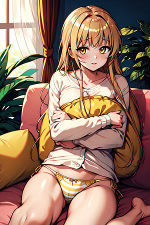 masterpiece, best quality, dynamic angle, looking at viewer, bloom, a girl, solo, shiina mahiru, yellow eyes, mouth hold hairrope, pillow hug, couch, side-tie panties, plants, beautiful detailed background,