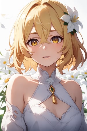 centered, masterpiece, upper body, (beautiful detailed eyes:1.2), | lumine_genshin, 1girl, solo, blonde hair, hair between eyes, short hair with long locks, hair ornament, hair flower, flower, white flower, yellow eyes, | simple background, bokeh, depth of field, | ,High detailed ,More Detail,nm1