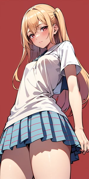 long hair, two side up 1girl, solo, shirt, blush, looking at viewer, white shirt, simple background, short sleeves, bangs, closed mouth, hair between eyes, crossed bangs, shirt tug, breasts, thighs, small breasts, t-shirt, naked shirt, from below, nude, school_girl, school
,Kitagawa