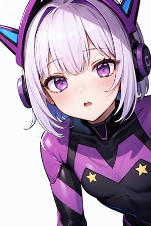 1girl(best quality:) ,AmongUsEyes, white purple short hair, purple eyes, muder mystery, astro suit, among us, headgear