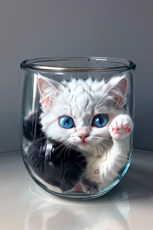 Cute tiny little kitty, puffy adorable grey fur, blue eyes, poking out of a cup, cats are water,cat, furry, cute, detailed background, one cat only