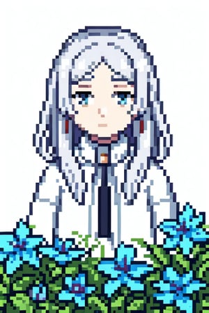 pixel art, (warm), frieren, white hair, blue flowers