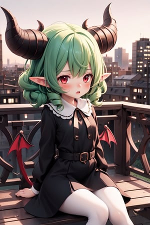 1girl(best quality:) green hair, red eyes, 2tiny horns, white horn, pale skin, cute, devil look, black formal dress, cute, thighs, sitting_down, background of city, anime, embarassed, elf ears, short  pointy ears, red horns, green curly hair