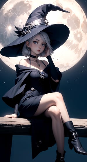 1girl, moon choker, moon witch, silver eyes, silver hair, sitting, cute, wearing witch hat, silver