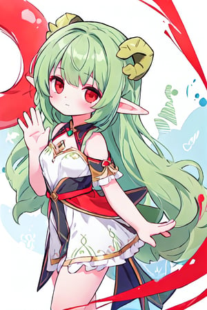 1girl, ((green hair)), ((Red eyes)), bye! red horns, elf ears, goodbye waving