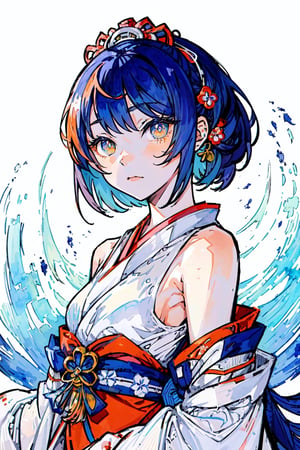 (watercolor_medium), ((ukiyoe style)), ((((masterpiece)))), (((best quality))), (illustration),(1girl:1.5),(solo:1.5), ((an extremely delicate and beautiful)), ((little girl)) , cute, ((hime_cut)), side blunt bangs,(ultramarine hair:1.2), hairs between eyes, ribbons, Bracelet , bare shoulders,((japanese_clothes)), sakura, ((slit pupils)), ((miko)), (off_shoulder), ace,watercolor