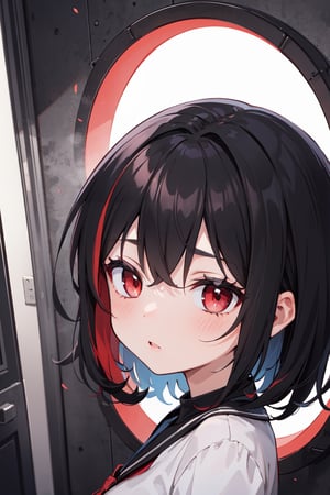 1girl, ((black hair)), red highlights, short, red eyes