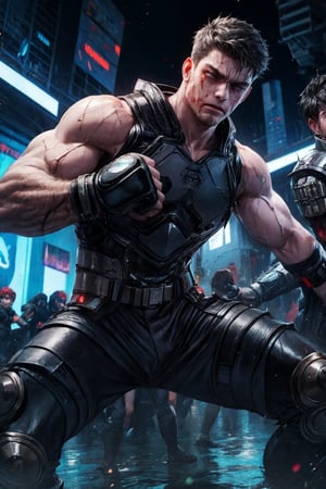 2boy battling, cyberpunk clothes and armour, 4K, large_muscles, hot, sweating, battleships, cyberpunk, black spiky short hair, grey eyes, punching, bloody stream