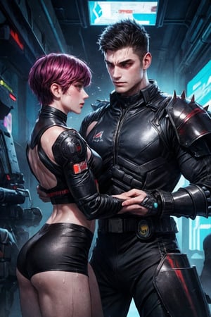 2boy battling, cyberpunk clothes and armour, 4K, large_muscles, hot, sweating, battleships, cyberpunk, black spiky short hair