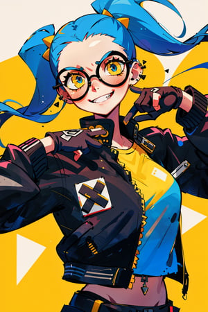 1GIRL, white round sunglasses, yellow lenses, smirking, 1sharp tooth, sticking tongue out, piercing, dark blue hair, pigtails, exposed forehead, gloves, crop top, leather jacket,(best quality