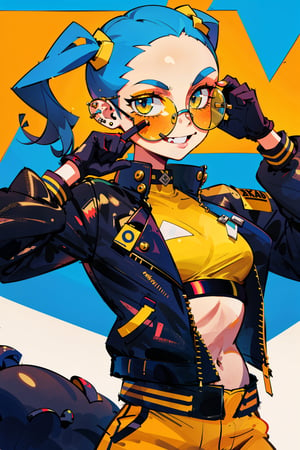 1GIRL, white round sunglasses, yellow lenses, smirking, 1sharp tooth, sticking tongue out, piercing, dark blue hair, pigtails, exposed forehead, gloves, crop top, leather jacket,(best quality