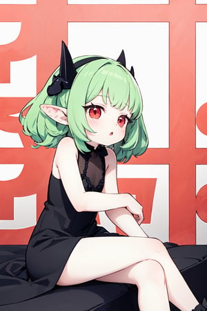 1girl(best quality:) green hair, red eyes, 2tiny horns, white horn, pale skin, cute, devil look, black formal dress, cute, thighs, sitting_down, background of city, anime, embarassed, elf ears, short  pointy ears, red horns, green curly hair