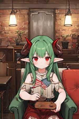 ((warm)), ((america)), ((green hair)), ((red eyes)), ((1girll)), ((horns)), ((elf ears)), ((lighting;perfect)), ((rusty furniture)), ((american setting)), ((american clothing)),best quality