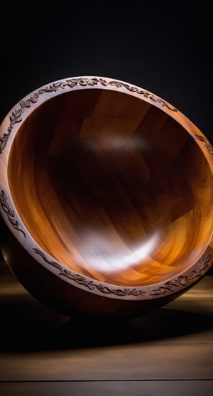 masterpiece, ((wooden bowl)), dim lighting, photography, focus, detailed wood, perfect texture