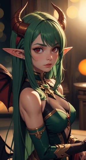1girl, ((green hair)), masterpiece, focus, still, (red eyes)), bokeh, ((elf ears)), ((demon horns))