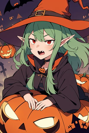 1girl, ((green hair)), ((red eyes)), ((demon horns)), ((halloween)), ((witch hat)), ((elf ears))