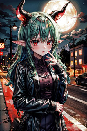 highway to hell, hell, green hair, red eyes, dmeon horns, elf ears, hell background