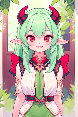 1girl, ((green hair)), ((Red eyes)), ((red horns)), ((elf ears)), smiling
