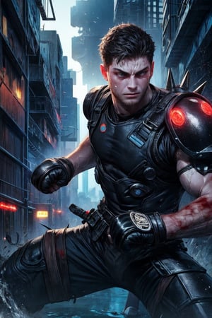 2boy battling, cyberpunk clothes and armour, 4K, large_muscles, hot, sweating, battleships, cyberpunk, black spiky short hair, grey eyes, punching, bloody stream