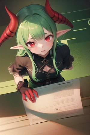 1girl, (green hair), ((red eyes)), elf ears, red horns, busy, studying