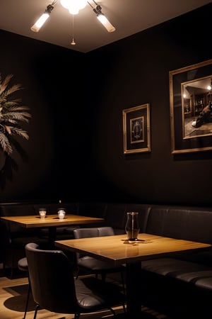 elegant black cafe | dim lighting | perfect focus, aesthetic | detailed background | black walls | elegant