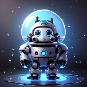 cute robot, blue and white, plump, cloud shape body, raindrop head, curly head, hologram, TA written on it, robot, kappa based, glass dome on head filled with blue light