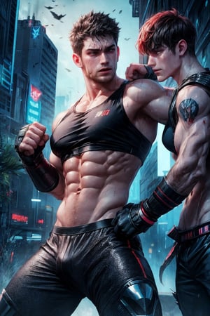 2boy battling, cyberpunk clothes and armour, 4K, large_muscles, hot, sweating, battleships, cyberpunk, black spiky short hair, grey eyes, punching, bloody stream, abs showing