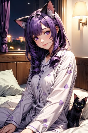 1girl, ((dark purple hair)), ((purple eyes)), ((cat ears)), sleepover, pyjamas, smiling, night, 1 girl