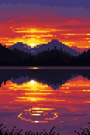 pixel art, (warm), scenery, sunset, reflection