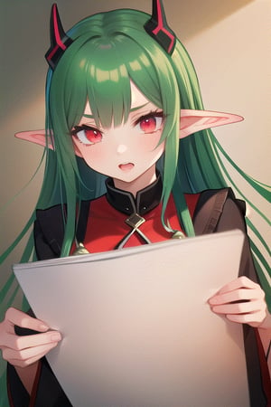 1girl, (green hair), ((red eyes)), elf ears, red horns, busy, studying