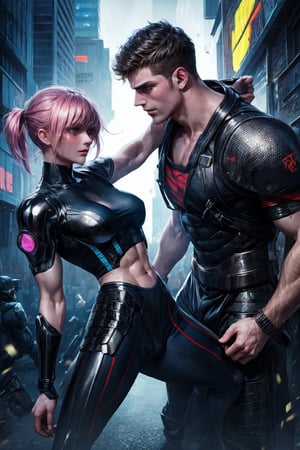 2boy battling, cyberpunk clothes and armour, 4K, large_muscles, hot, sweating, battleships, cyberpunk