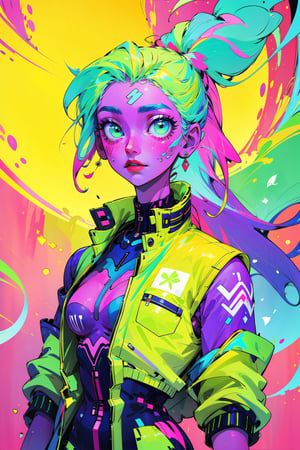 best quality, neon colours, girl with white long hair,long_ponytail , pocket jacket, vest jacket, neon graffitti background, neon green eyes, white flowers