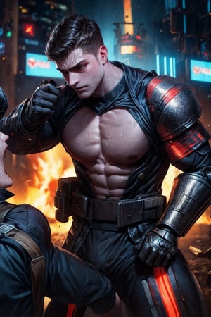 2boy battling, cyberpunk clothes and armour, 4K, large_muscles, hot, sweating, battleships, cyberpunk